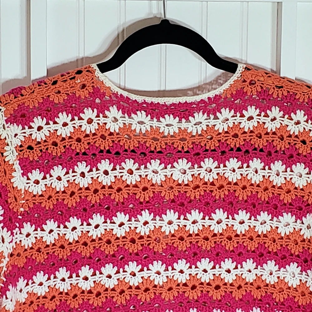 Crochet Button-Down Short Sleeve Shirt - Pink, Orange & White